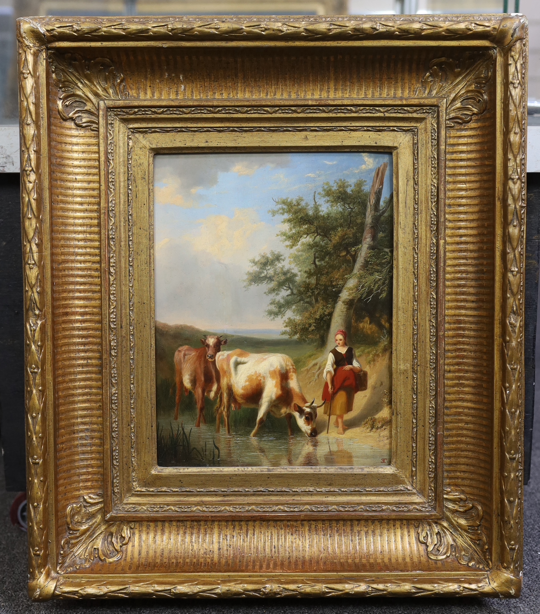 Edmond Jean-Baptiste Tschaggeny (Belgian, 1818-1873), oil on wooden panel, Cattle drover and cows beside a stream, monogrammed, 28 x 21cm